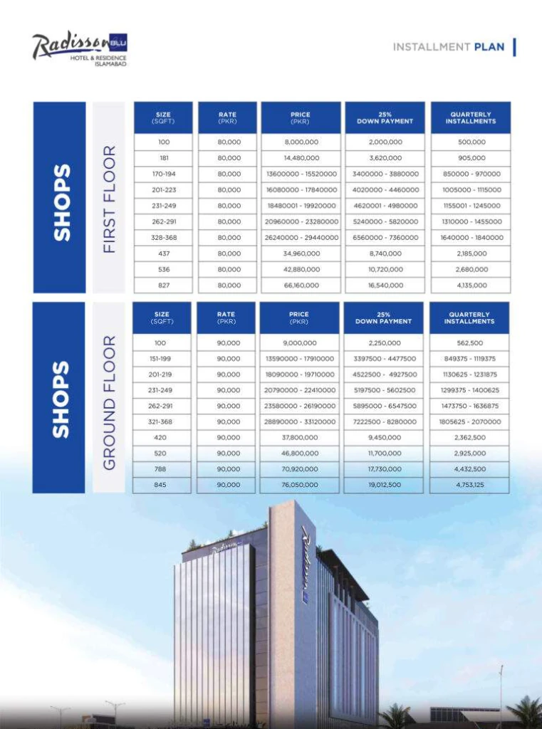Radisson Blu Islamabad Payment plan for Shops